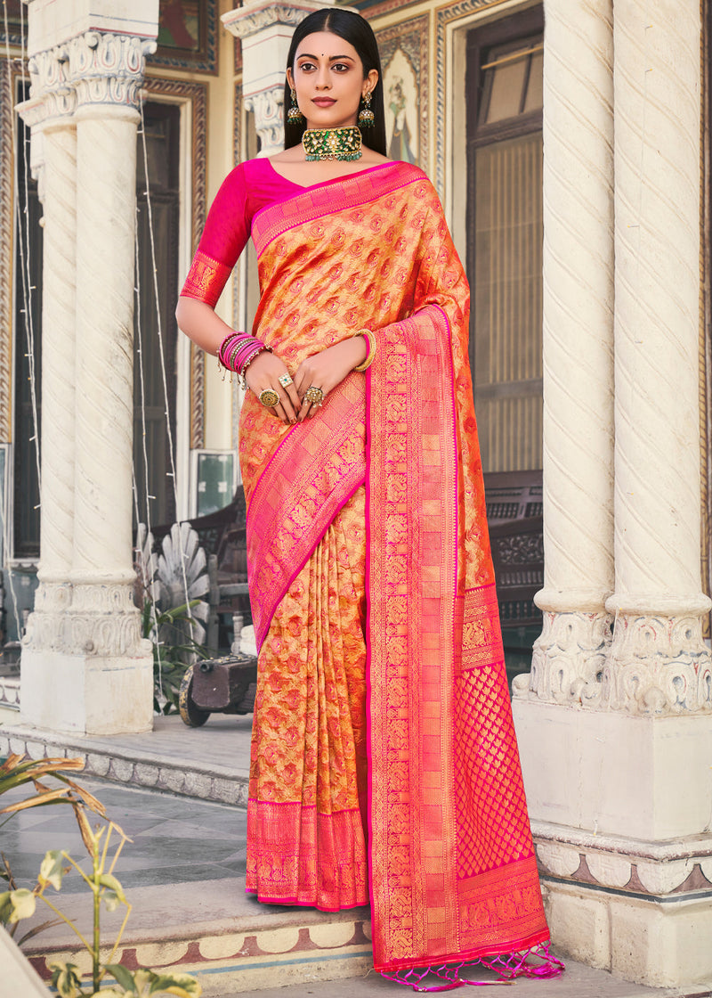 Kanchi Pattu Sarees - Orange #kanchipuram #silk #saree in pink border from  manufacturer at kanjivaram silks. we make wedding sarees in your design and  colour at 24000 rupees. 🛒 Buy now: https://kanjivaramsilks.com/kanchipuram- silk-sarees ...